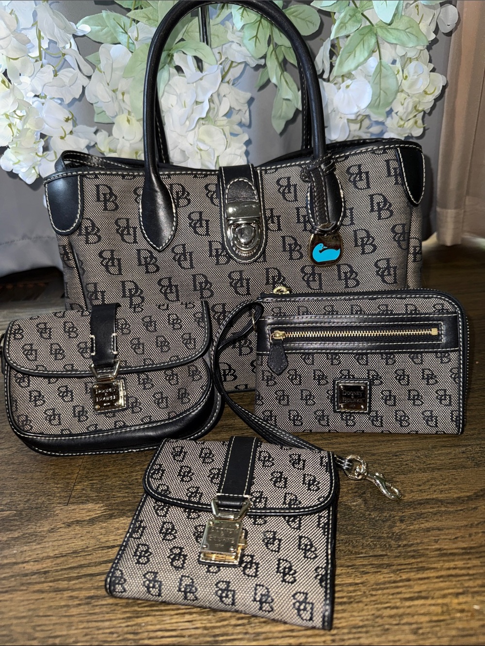 4 Dooney & Bourke Brown Signature Monogram Tote with Matching Accessories